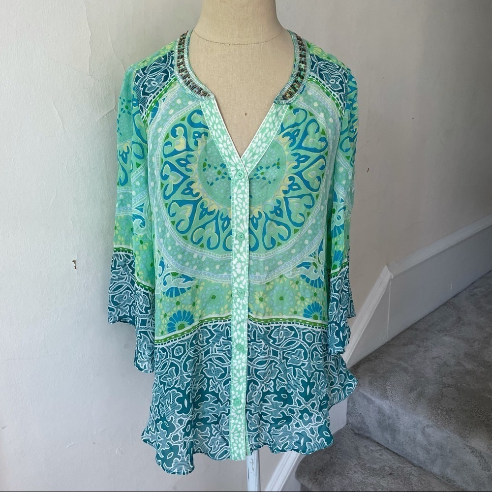 Hale Bob Silk Green Multi Printed Button Down Beaded Collar 3/4 Sleeve Blouse XS